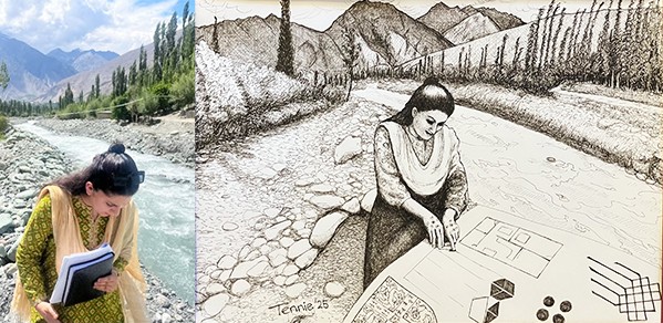 The image of Sabuhi (left) that inspired the final portrait (right) titled "Sabuhi at work"