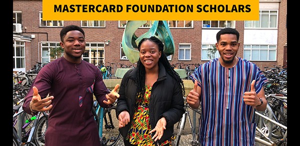 From left, Mastercard Foundation Scholars Chibuzor Ndubisi, Itumeleng Sebata and Godbless James.