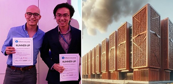 Sebastian Lindner-Liaw (left) and Jerrell Ong accept a runner-up award at the Cambridge Climate Challenge. RIGHT: Rendering of a terracotta lattice on the facade of a sustainable data centre design