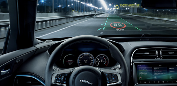 Driver's side showing the 3D head-up display projecting safety alerts, such as lane departure, hazard detection, and sat nav directions, onto the road ahead using augmented reality.