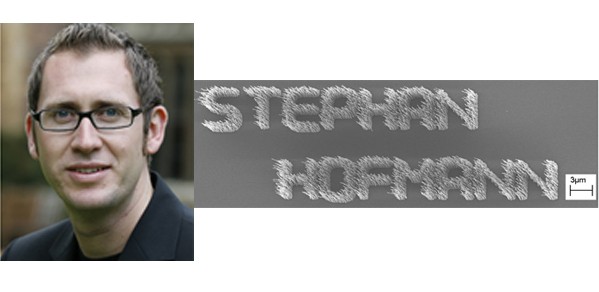 Stephan's name spelled out with thousands of vertically aligned carbon nanofibres. The diameter of each nanofibre can be made as small as that of DNA. (Continued below article)