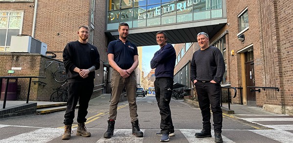 Members of the Department’s Design and Technical Services team who are designing and building the Fibonacci spiral wall exhibit. From left, Kynan Wright, Thomas Glenday, Dan Boutell, and Barney Coles.
