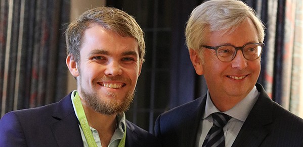 PhD student Verner Viisainen with the Vice-Chancellor Professor Stephen Toope.