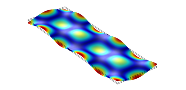 Comb maker: Forced vibration of a thin wafer shows regions of minimum (dark blue) and maximum (red) oscillation. At the maxima, the oscillation spectrum takes the form of a frequency comb.