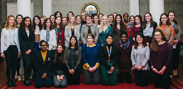 Baroness Brown, centre, middle row, with engineers and undergraduate students at the Women in Aerospace Dinner.