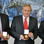 Paul Fidler, Dr Campbell Middleton and Professor Kenichi Soga with their Telford Medals