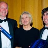 Professor Randall Thomas (left) and Allan McRobie (right) receiving the Happold Brilliant Award from Lady Happold