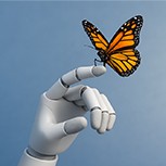 Robotic hand concept with a butterfly on its fingertip