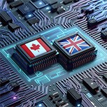 AI-generated concept image of Canadian and UK flags on semiconductors
