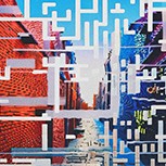 This image features 3 images of a street. Overlying the image are different shapes, arranged to look like QR code symbols