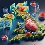 LEFT: Graphic abstract generated with AI of a map of the UK and Ireland, with a beating human heart in the centre. RIGHT: A non-