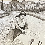 An image of Sabuhi holding paperwork and working by a river in the Himalayan valleys. Next to it is the pen and ink drawing
