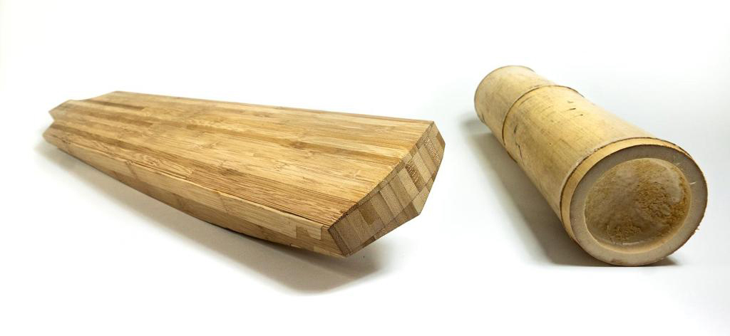 Bamboo cricket bat prototype and a section of bamboo culm. Image: Ana Gatóo