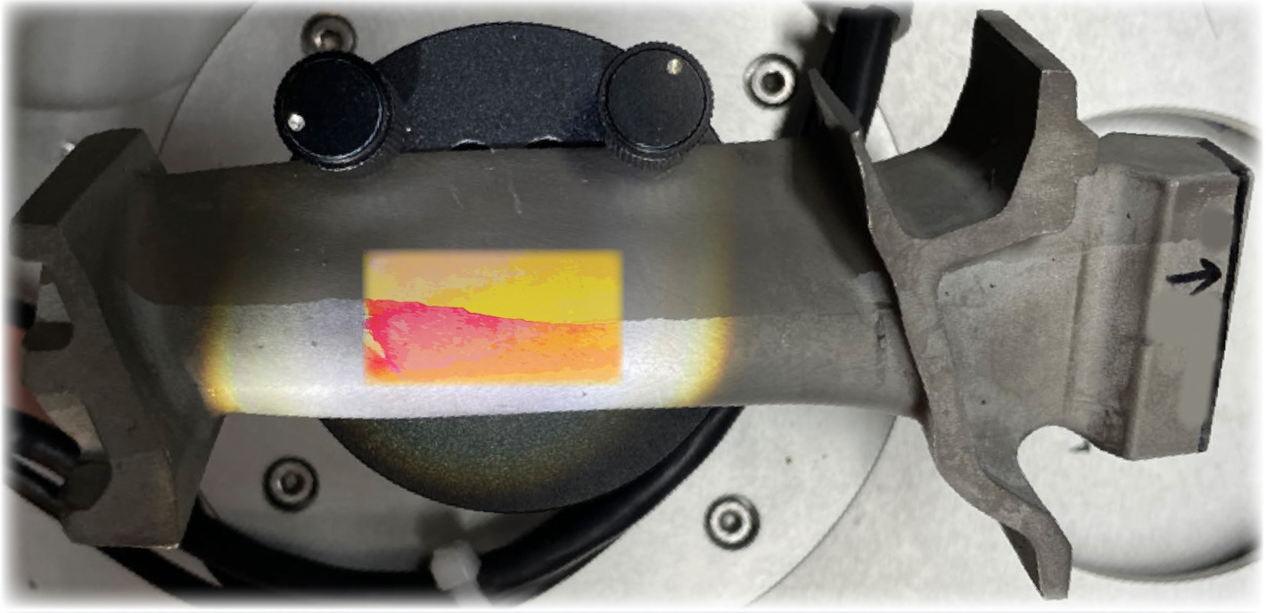 Revealing the faulty microstructure of a jet engine turbine blade using directional reflectance microscopy. Rather than single crystal, the blade comprises two crystals with different orientation (i.e., different colours). Such a manufacturing defect compromises the performance of the blade at high temperature and thus prevents its use. Image Credit Chenyang Zhu.