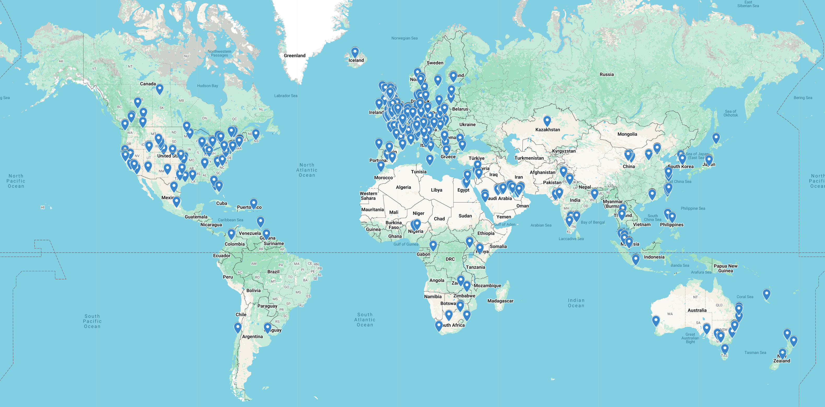 Map highlighting the global locations of the programme’s alumnit